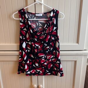 Calvin Klein Red Black White Abstract Cowl Neck Tank